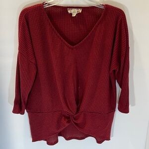 PINK Rose Burgundy Waffle Knit V-Neck Top Large